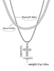 Men's Double Layer Stacked Cross Pendant Necklace, Hip-Hop Style, Inlaid Cubic Zirconia Chain, Personalized Street Decor Accessory - Silver - View 5
