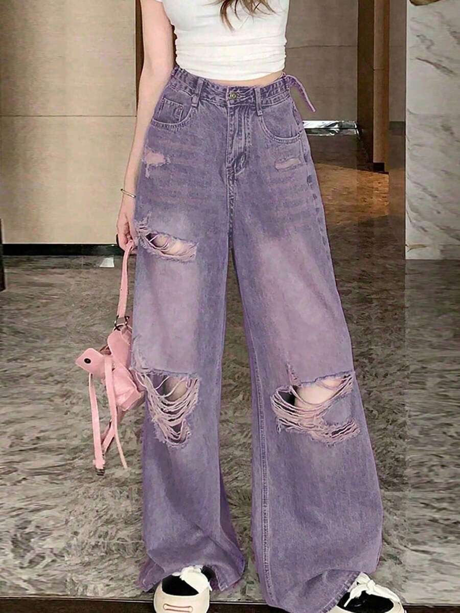Women's Casual Loose Fit Distressed Wide Leg Jeans With Pockets (Random Stitching) Spring Fall - Purple - View 1