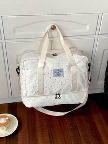 New Star Print Portable Travel Bag For Women, Double Layer Expandable Structure, Independent Bottom Compartment For Increased Storage Space, Reinforced Handle With Adjustable Long Shoulder Strap, Luggage Strap Compatible, Suitable For Fitness, Short Trips, Student Dorm Use, Practical Hand Luggage Bag - White - View 6