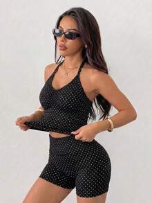 2pcs Polka Dot Halter Neck Backless Top + High Waist Hip-Hugging Shorts Fitness Yoga Set - Black - View 4