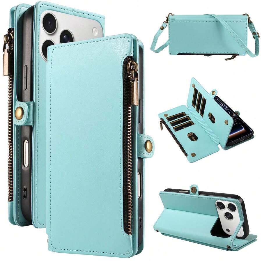 1pc Flip Cover Protective Case Compatible With Apple 17 Pro Max, Multi-Function Card Slot, Crossbody Strap, Hand Rope, Fashion Wallet Style, Artificial Leather, Series, Shopping, Travel, Phone Protective Shell