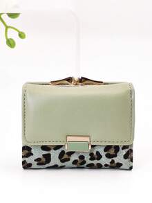 Leopard Print Snap Closure Short Women's Wallet, Three-Fold Multi-Function Purse, Solid Color Snap Closure Short Women's Wallet, Three-Fold Multi-Function Purse - Green - View 5