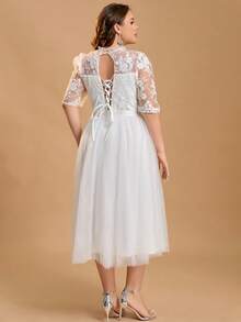 Plus Size Women's Solid Color Conservative Casual Mesh Applique Wedding Dress, Suitable For Wedding Events, Bachelorette Party, Bridal Shower, Brunch, Engagement, Honeymoon, Reception, Rehearsal, Spring/Autumn - White - View 4