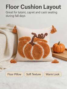 1pc Halloween Brown Pumpkin Pattern Square Pillow Case, Bohemian Chenille With Tufted Craft, Four-Corner Tassel Decoration, Country Pastoral Style, Suitable For Autumn Living Room, Bedroom, Sofa, Windowsill, Leisure Gathering, Etc., No Filling Included, 45*45cm - Multicolor - View 6