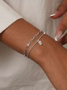 Pulsera delgada apilable de doble capa con colgante rectangular geométrico, accesorio de mano de estilo minimalista para el diario - Plateado - Ver 2