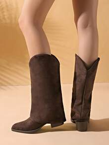 Black Slimming Multi-Color New Ruched High Tube Boots 2025 Autumn/Winter New Pointed Toe Chunky Heel High Heel Slim Knee-High Long Boots For Women - Coffee Brown - View 3