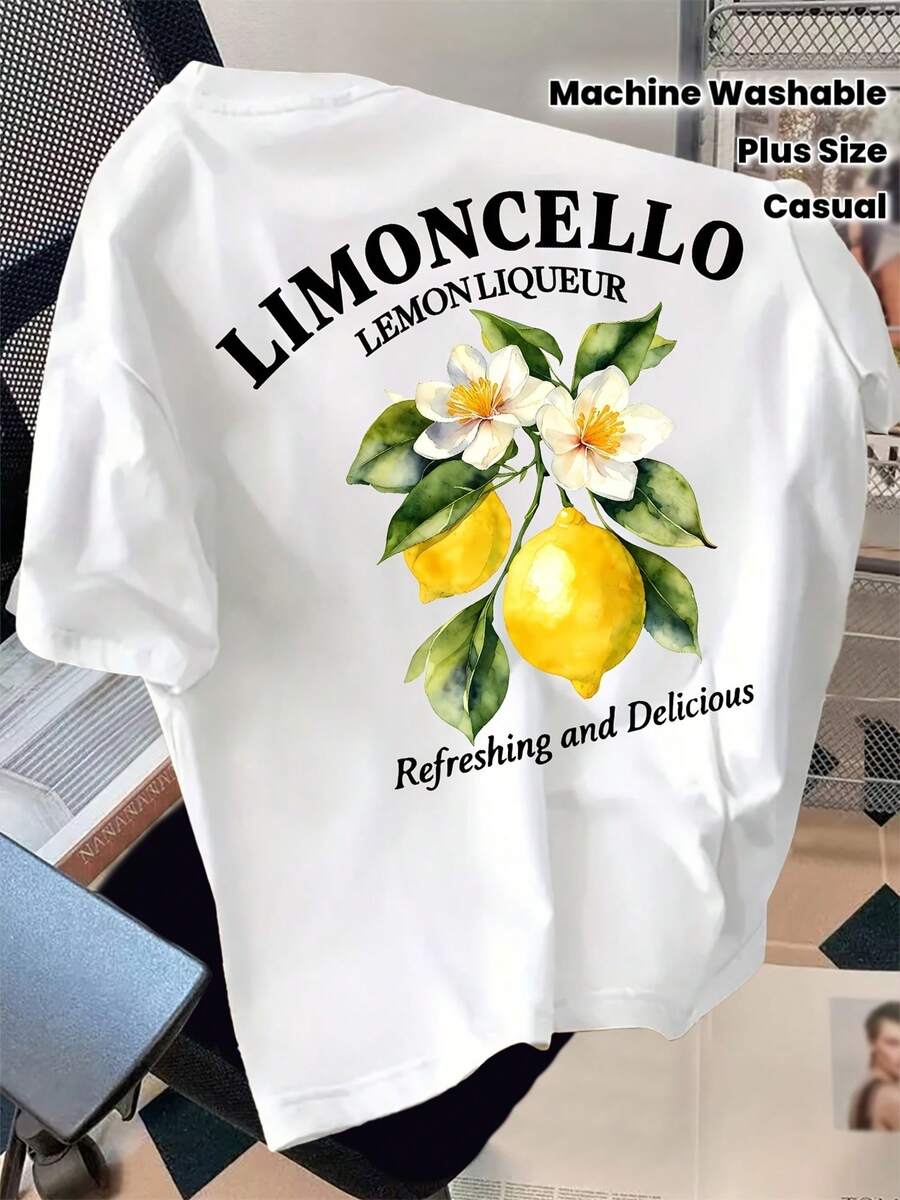 Men's Plus-Size Short-Sleeve T-Shirt, Printed With An Italian Lemon Pattern - LIMONLLO.Casual Round-Neck Design, Suitable For You - 白色 - 查看 1