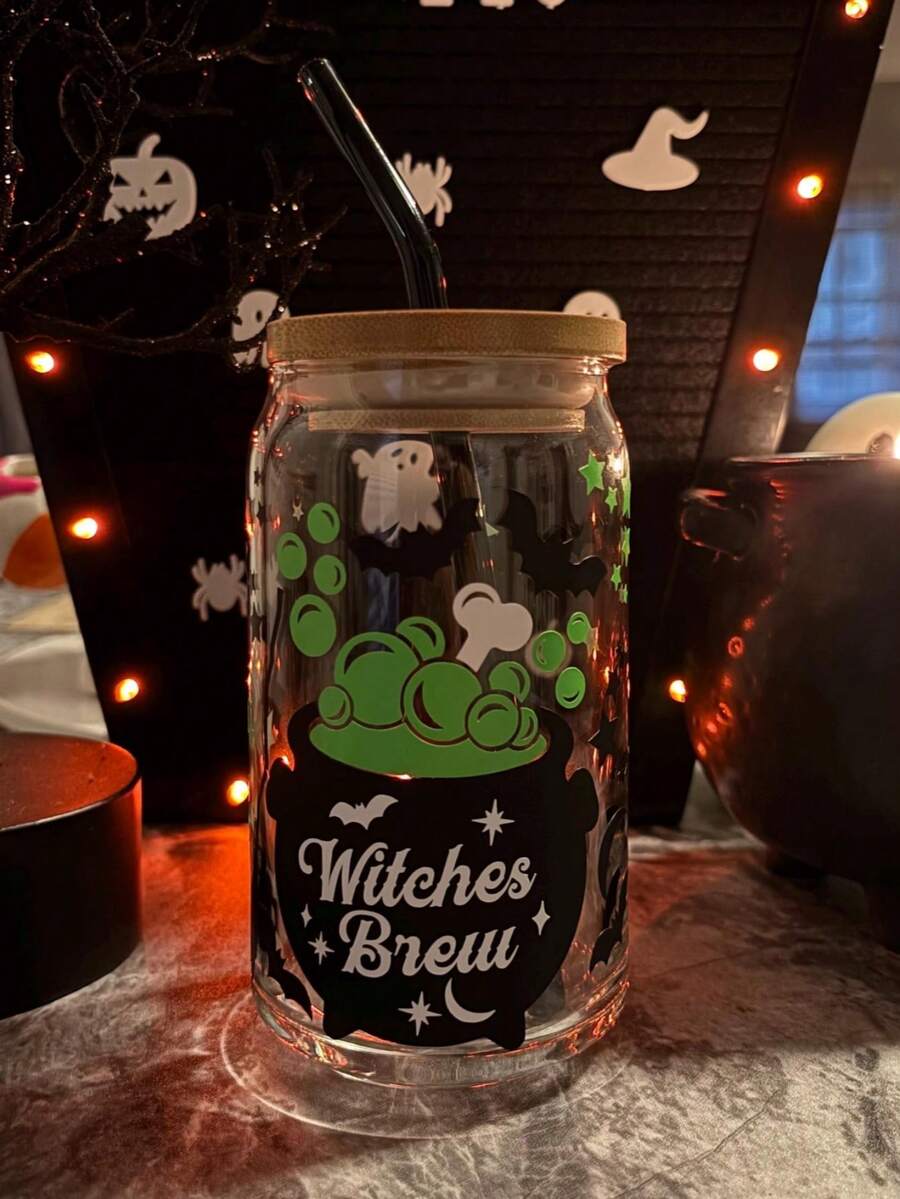 Halloween Witch Magic Cauldron Glass Straw Cup, Bamboo Lid High Transparency Can Cup, Bat Star Moon Ghost Print Iced Coffee Cold Drink Cup - Multicolor - View 1