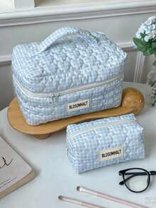 BLOSOMHALT 3pcs Cute Blue Plaid Heart Quilted Down Cosmetic Bag Set, Korean Aesthetic Thickened Makeup Travel Storage Bag With Handle And Woven Label, Suitable For Women And Girls - Blue - View 2