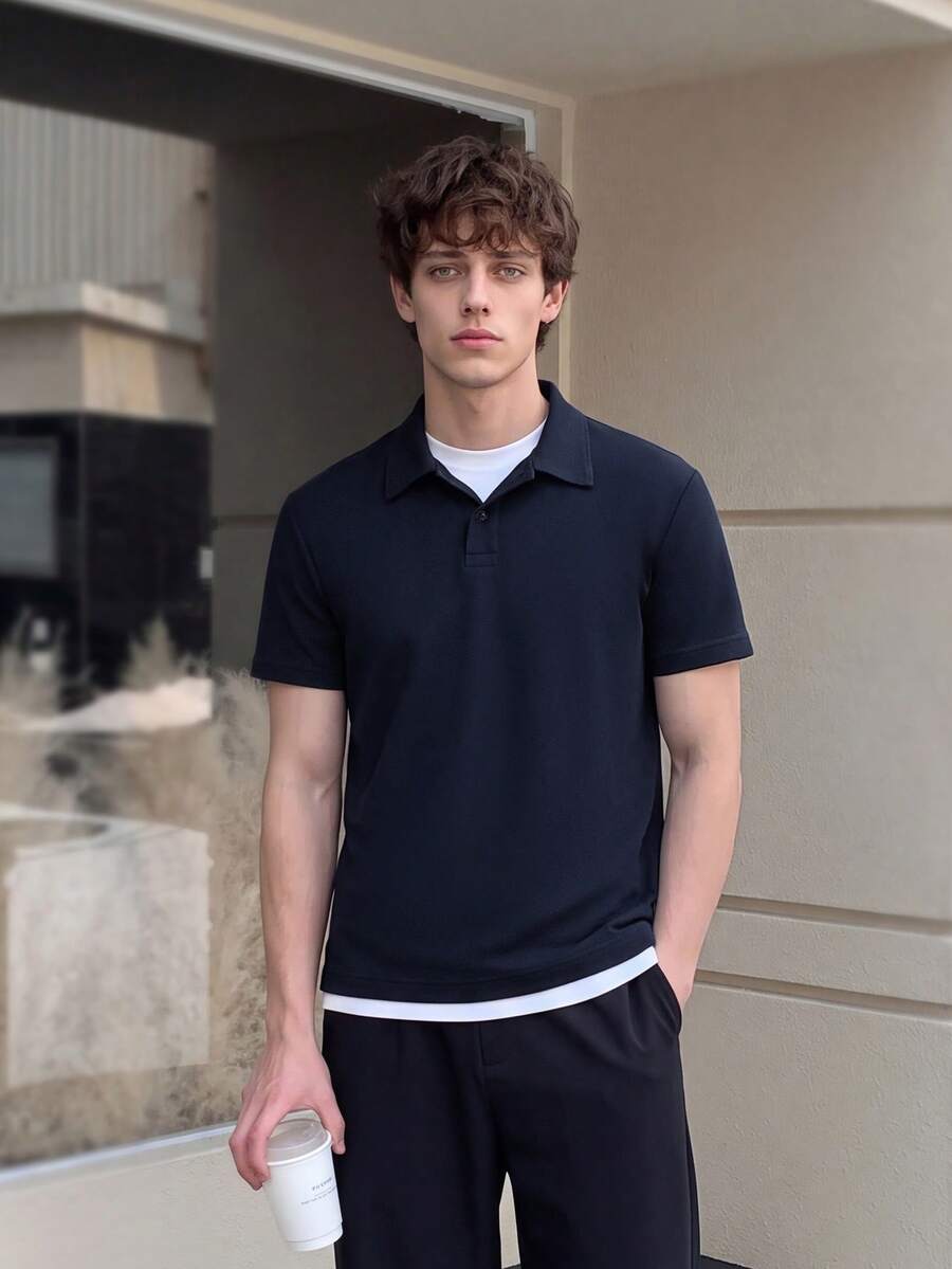 Men Classic Collar Polo Short Sleeve Shirt, White Contrast Hem Design, Vintage Gentleman Top For Back To School & Holiday - Navy Blue - View 1