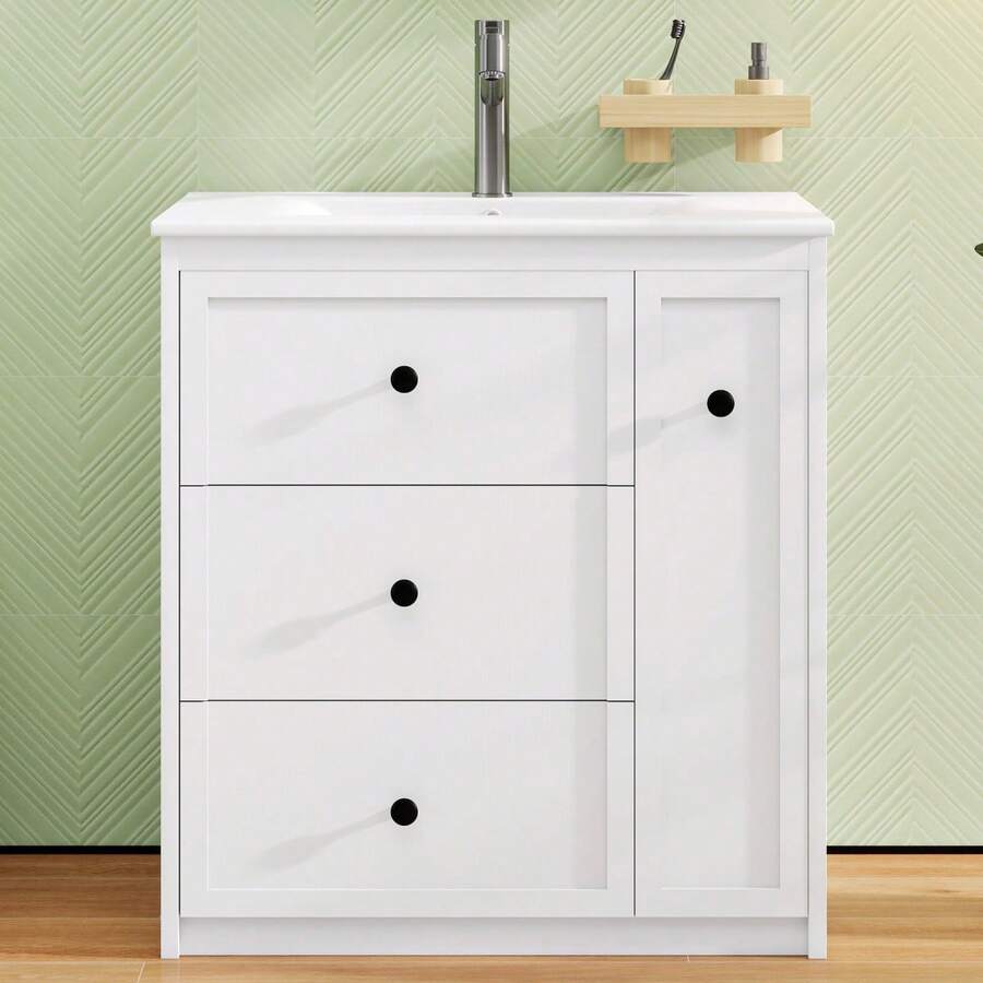 76 X 82, Freestanding Vanity, Fully Painted, Side Drawer, Ample Storage Space, Integrated Ceramic Sink, Low-Noise Sliding Rails, White. - 1 - View 1