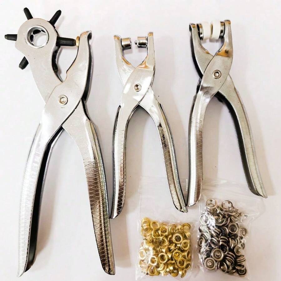 1 Set Metal Hole Punch Tool + 1 Pack Rivets (90-100pcs), Professional Multi-Function Faux Leather Punching Tool, Suitable For Belts, Metal Rings, Handmade DIY Leather Crafts, Eyelets, Punching Holes For Binders, Tags, A4 Papers, Hanging Cords, Multi-Purpose Office Punching Tool