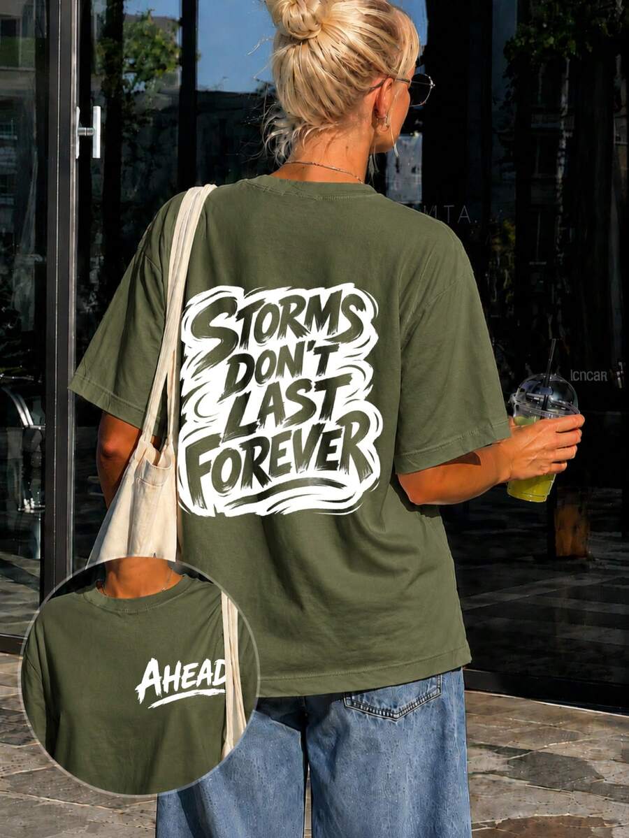 Women's Oversized Crew Neck Short Sleeve T-Shirt, Available In Multiple Colors, Chest With Printed "AHEADED" Graphic, Minimalist Streetwear - Olive Green - View 1
