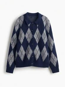 Áo cardigan len dệt họa tiết quả trám nữ, tay dài cài nút, kiểu pullover phong cách mùa thu - Màu xanh hải quân - Xem 8