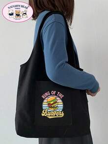 Fashionable Minimalist Versatile Cartoon Print Canvas Bag - Black - View 5