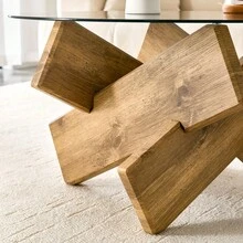 Mesa de centro redonda de MDF + vidrio, disponible en varios colores: Estructura de madera en forma de cruz, creativa, sencilla y elegante.79 de diámetro, superficie de vidrio templado de 0,8 de grosor. - Madera + MDF + vidrio - Ver 9
