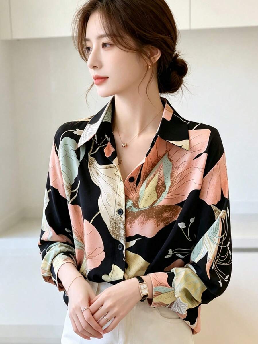 YUXIN 女款復古秋季花卉印花前扣長袖襯衫，標準版型聚酯纖維上衣，適合春季穿著