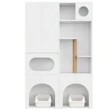Cat Litter Box Cabinet, Pet Cabinet, Pet Storage Unit, Cat Tree, For 2 Litter Boxes, With Scratching Post And Resting Area, For Cats And Dogs, White, 140 X 45 X 195 Cm - one-size - View 9