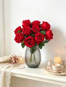 3/18pcs Velvet Rose Artificial Bridal Bouquet, Faux Floral Decoration, Artificial Roses, Suitable For Valentine's Day Gift, Wedding Party, Home Decor, Birthday Gift, Indoor And Outdoor Decoration, Vase Arrangement - Bright Red - View 8