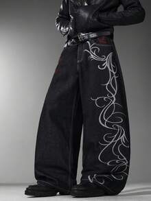 Men's HK Style Wide Leg Jeans, Retro Embroidery On Back, Casual Long Pants All Seasons (No Belt & Accessories, Decorative Non‑Functional Back Pockets) - Black - View 2