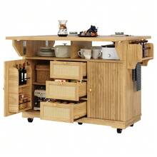 Foldable Serving Trolley, 95 Cm Kitchen Cart With Ergonomic Height, PE Rattan Drawers, Mobile Trolley For Kitchen, Balcony & Camping, Natural Brown - Natural Color - View 6
