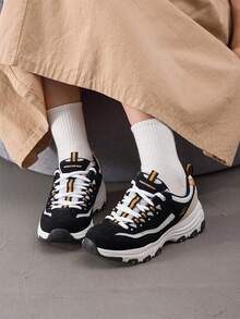 Skechers Women's D'LITES Series Fashion Lace-Up Sports Casual Shoes, 2026 Autumn New Colorblock Thick Sole Chunky Sneakers 8730066-BKGD - Black/Gold - View 5