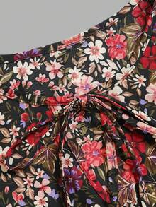 Gaun Panjang Wanita Motif Bunga Musim Gugur, Lengan Panjang, Leher Berlubang, Hem Bergelombang, Model A-Line, Gaun Maxi - MultiWarna - View 5
