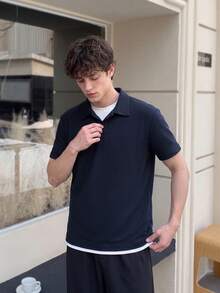 Men Classic Collar Polo Short Sleeve Shirt, White Contrast Hem Design, Vintage Gentleman Top For Back To School & Holiday - Navy Blue - View 7