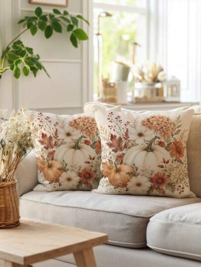 1/2/4pcs Beige Orange Pumpkin Throw Pillow Covers Of Fall Harvest Decorative Cushion Covers For Couch Sofa Bed | Autumn Floral Pillow Cases Farmhouse Thanksgiving Decor