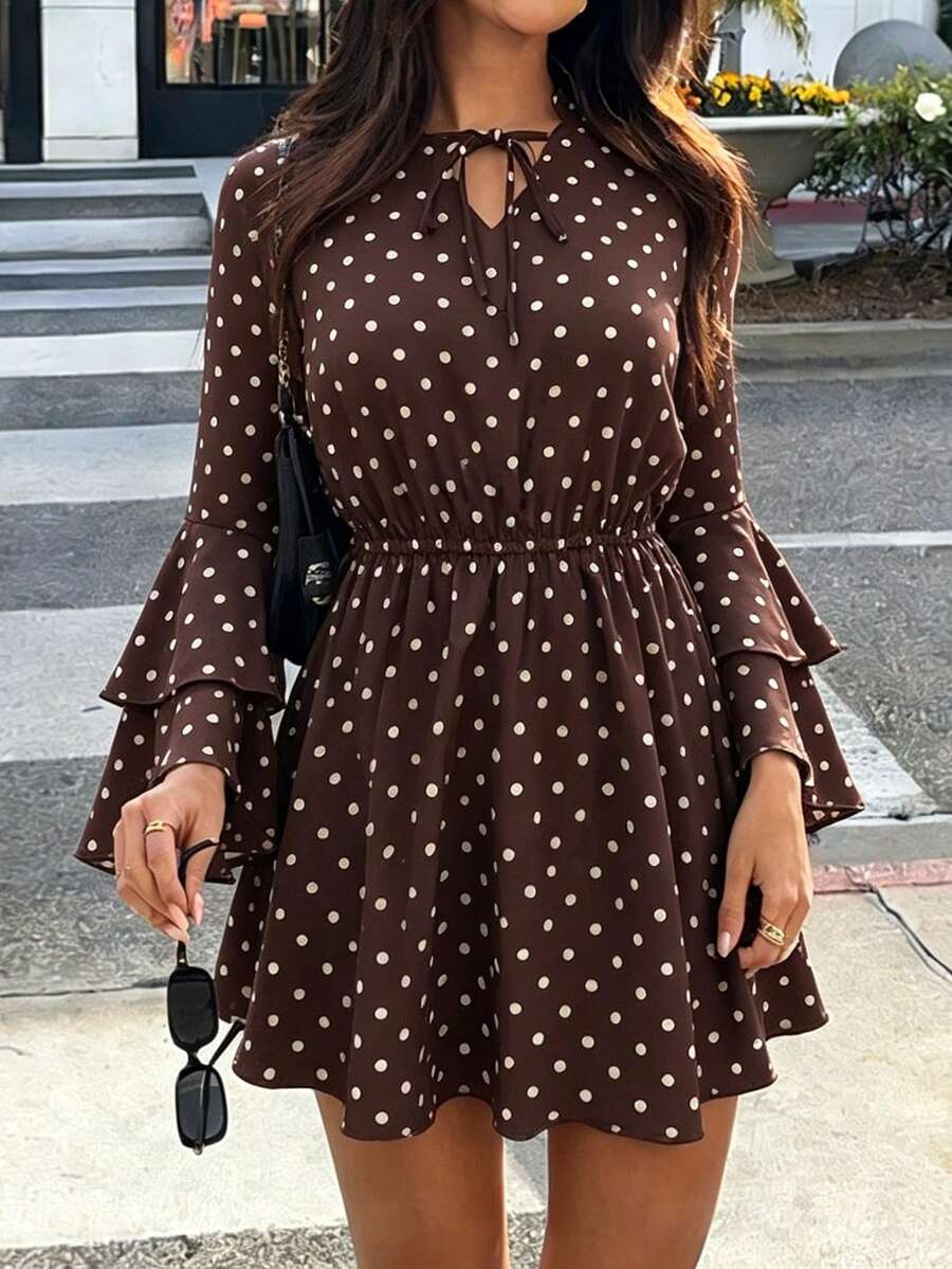 Vintage Polka Dot V-Neck Tie Front Ruffle Long Sleeve Mini Dress - Brown - View 1