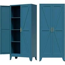 Home Farmhouse Storage Cabinet With 2 Barn Door, Tall Kitchen Pantry Cupboard With 3 Adjustable Shelves, For Dining Room, Bathro - Blue Green - View 1