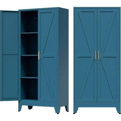 Armario de almacenamiento de estilo granja para el hogar con 2 puertas de granero, despensa de cocina alta con 3 estantes ajustables, para comedor, baño