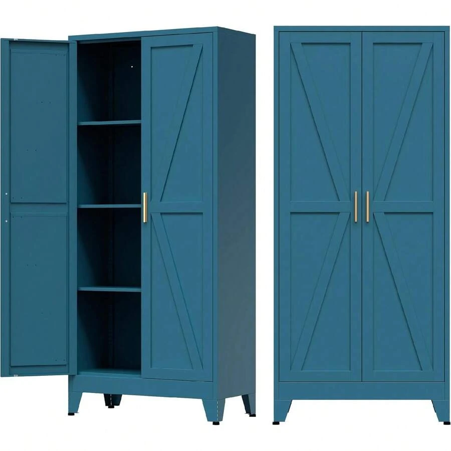 Home Farmhouse Storage Cabinet With 2 Barn Door, Tall Kitchen Pantry Cupboard With 3 Adjustable Shelves, For Dining Room, Bathro - Blue Green - View 1