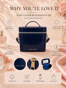 Kotak Kosmetik Estée Lauder Biru 18*21cm, Mengkilap dengan Lapisan Cermin, Dilengkapi Pegangan dan Tali Bahu, Cocok untuk Penyimpanan Kosmetik dan Perjalanan - Biru - View 5