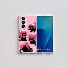 Pink Gradient Cartoon Black Cat Transparent Hinge Phone Case Compatible With Samsung Galaxy Z Fold3/Z Fold4/Z Fold5/Z Fold6/Z Fold7/8 Cute Foldable Screen Full Body Protective Shell - Pink - View 5