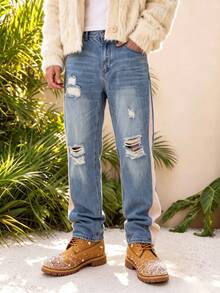 Men's Straight Leg Distressed Jeans With Side Contrast Snake Print Patchwork, Streetwear Retro Washed Long Pants - Blue - View 3
