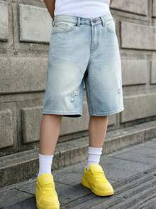 Teens' Fashionable Straight Leg Denim Shorts - Medium Wash - View 2