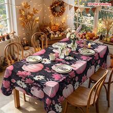 1/2pcs Autumn Tablecloth, Pink Pumpkin & Floral Pattern Polyester Fabric Tablecloth, Suitable For Dining Table, Kitchen, Coffee Table, Picnic, Camping, Country Farmhouse Decor, Autumn Thanksgiving Holiday Tabletop Protection & Beautification - Multicolor - View 4