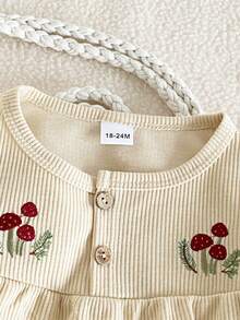 Baby Girls' Corduroy Mushroom Embroidery Set, New Style Long Sleeve Top & Wide Leg Pants 2pcs, Sweet Ruffle Design + Cute Mushroom Embroidery, Soft Skin-Friendly Corduroy Fabric, Round Neck Half-Button Front For Easy On/Off, Loose Wide Leg Pants For Unrestricted Movement - Apricot - View 3