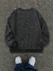 Vintage Acid Wash Girls' Sweatshirt, Solid Color Loose Street Style Crew Neck Autumn/Winter Campus Top - Black - View 3
