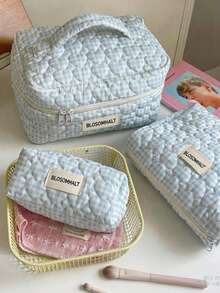 BLOSOMHALT 3pcs Cute Blue Plaid Heart Quilted Down Cosmetic Bag Set, Korean Aesthetic Thickened Makeup Travel Storage Bag With Handle And Woven Label, Suitable For Women And Girls - Blue - View 1