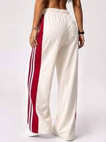 KyrLssu Simple Multi Stripe Casual Wide Leg Bottoms, Elastic Drawstring Waist Long Pants For Multi-Style Daily Matching - Beige - View 5