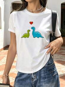 Two Adorable Colorful Dinosaurs Gazing At Each Other With A Red Heart Symbolize Tenderness And Eternal Love. Women's T-Shirt, 100% Soft And Comfortable Cotton, Perfect For Everyday Wear. Y2k T-Shirt Shirt - 白色 - 查看 11