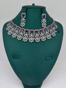 Middle East Dubai Luxury Pearlescent Heavy Work White Zirconia 4-Piece Jewelry Set, Pakistan Saudi Arabia Bridal Party Jewelry Set, Wedding Accessories Gift - Purple - View 5