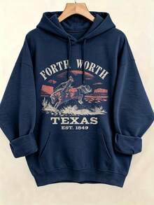 Women's Western Style Fort WorthTexasEST1849CowboyPatternHoodieSoftCrewNeckPulloverWith Cactus And Longhorn DesignComfortableCasualLongSleeve Sweater - 藏青色2 - 查看 3