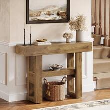 LITTLE TREE 105cm Farmhouse 2-Tier Console Table Narrow Storage Sofa Table Behind Couch For Hallway Foyer Living Room Light Brown - Light Brown - View 6