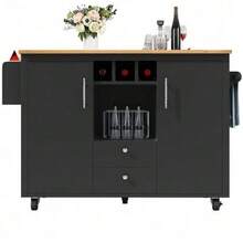 Carrito de servicio con 2 taburetes, carrito de cocina y encimera plegable con toallero, estante para especias, estante para vino y estantes ajustables, para comedor, sala de estar, balcón, mostrador, blanco - Negro - Ver 11