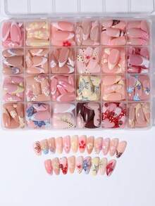 24pcs Long Almond Shape Press-On Nails, 3D Gel Flower And Polka Dot Pattern, Decorated With Small Steel Beads, Acrylic Artificial Nails - Multicolor - View 8