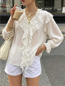 French Chic Women Multi Ruffle Front Tie Crinkle Textured Blouse, Long Sleeve V Neck Semi Sheer Elegant Shirt For Daily Commute - Apricot - View 3