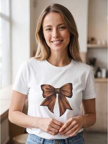 Short Sleeve Crew Neck, Soft Breathable Brown Coquette Bow Pattern For Daily Outdoor Outfits Spring Summer Autumn, Local Shipping - 白色 - 查看 2